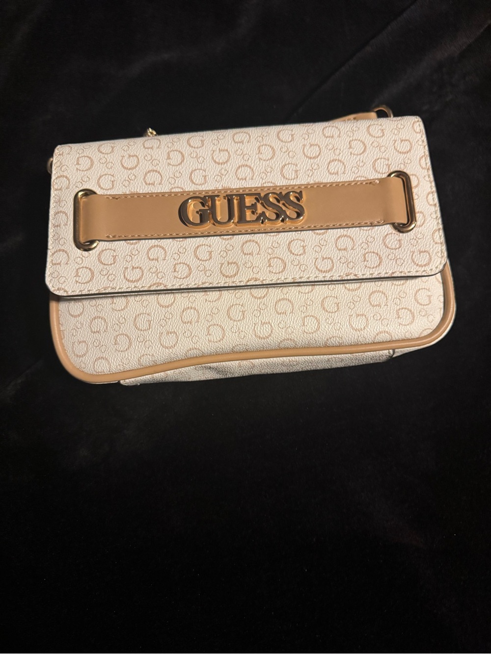 GUESS Cream Logo Crossbody with Tan Trim and Gold Hardware